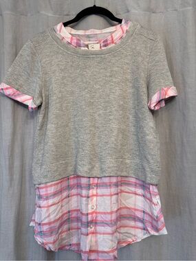 Anthropologie Mixed Media Layered Top Gray Sweatshirt Pink Plaid Medium